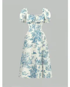 Women's Summer Maxi Dress &ndash; Plant Print, Square Neckline, Bubble Sleeves, Cinched Waist, Casual Vacation Outfit