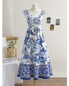 Vintage Women's Summer Dress &ndash; Blue & White Floral Print, Square Neck, Cap Sleeves, Ruffle Back, Tie Waist A-Line Holiday Outfit