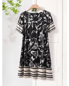 Boho Summer Dress for Women &ndash; Leaf Print, Casual Short Sleeve, Round Neck, Lightweight Vacation Outfit