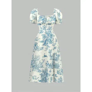 Women's Summer Maxi Dress – Plant Print, Square Neckline, Bubble Sleeves, Cinched Waist, Casual Vacation Outfit