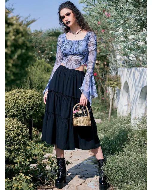Women's Frill Midi Skirt – High Waist, Loose Fit, Solid Viscose Skirt for School or Casual Outfits