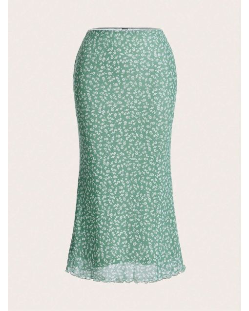 Women's Ditsy Floral Mesh Skirt – Fishtail Style, Wavy Hem, Lightweight Overlay Midi Skirt