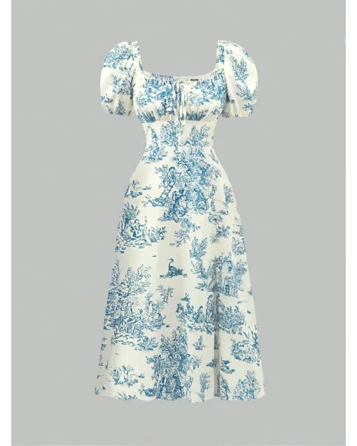 Women's Summer Maxi Dress – Plant Print, Square Neckline, Bubble Sleeves, Cinched Waist, Casual Vacation Outfit