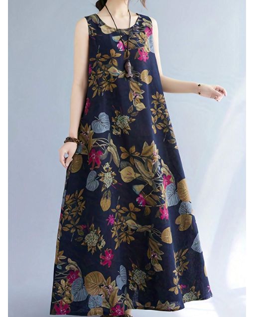 Women's Summer Maxi Dress – Loose Fit, Sleeveless, Floral Print Long Dress for Vacation or Casual Wear