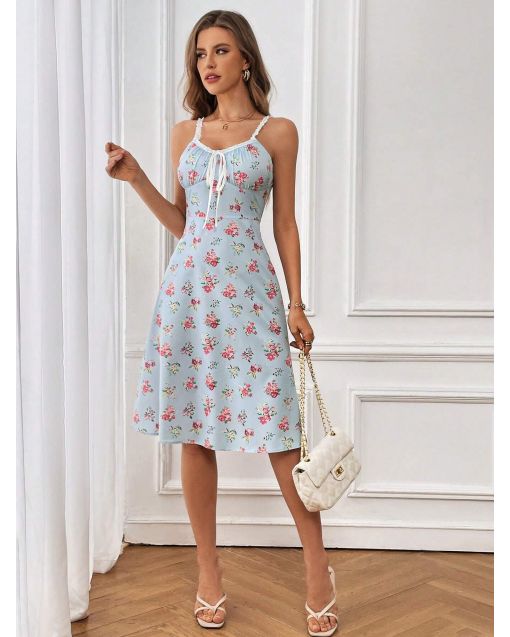Women's Summer Maxi Dress – Floral Print with Contrast Lace, Sleeveless Vacation Style Outfit