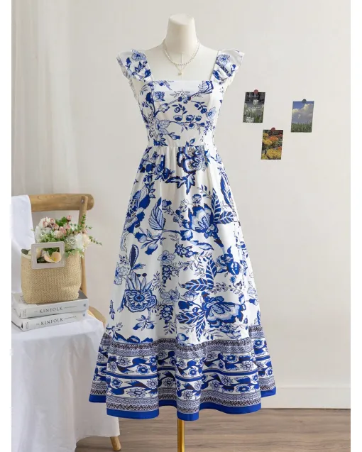 Vintage Women's Summer Dress – Blue & White Floral Print, Square Neck, Cap Sleeves, Ruffle Back, Tie Waist A-Line Holiday Outfit