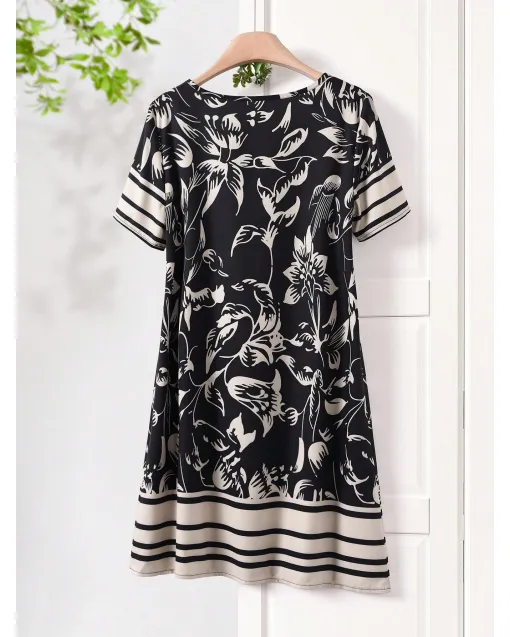 Boho Summer Dress for Women – Leaf Print, Casual Short Sleeve, Round Neck, Lightweight Vacation Outfit