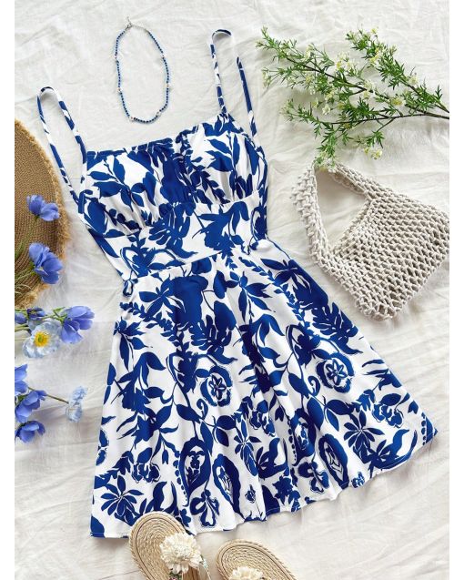Women's Summer Mini Dress – Blue & White Floral Print, Open Back, Cami Style A-Line Vacation Outfit