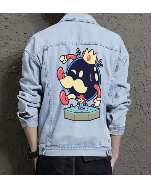 Retro Mario Denim Jacket for Men - Gift for Video Game Enthusiasts - Christmas Gift - Light Blue - Main View