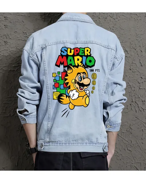 Retro Mario Denim Jacket for Men – Gift for Video Game Fans – Christmas Gift - Light Blue - Main View